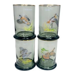 NED SMITH Double Lowball 12 oz Glass Set (4) Smoke Gold Rim Waterfowl Rocks EUC